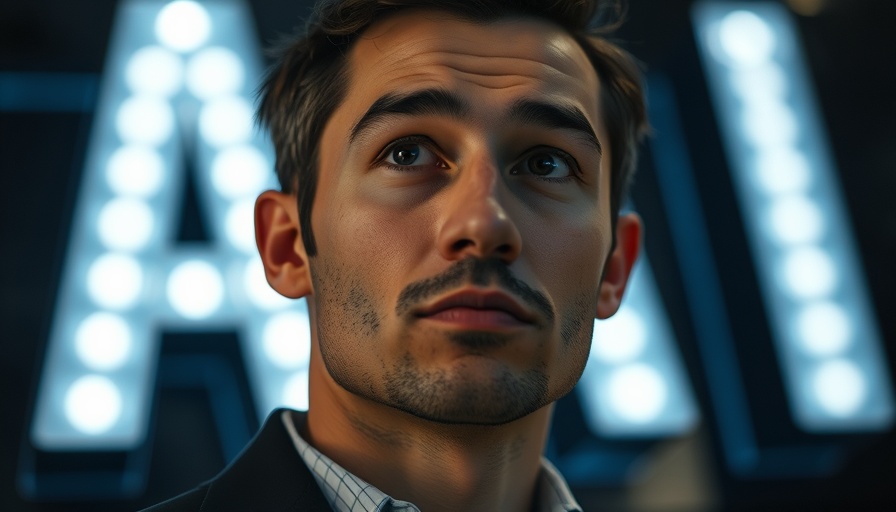 Close-up portrait of individual with 'AI' sign in background.