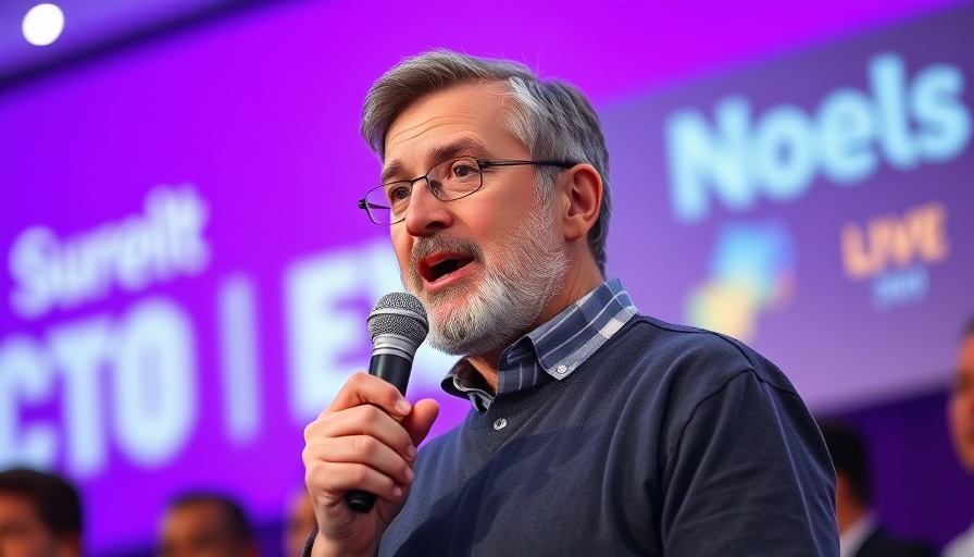 Middle-aged man speaking at an event with a purple backdrop.