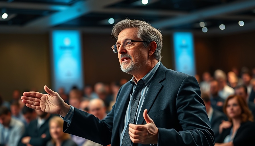 Man presenting at a conference with audience, symbolizing AI-powered enterprise solutions.