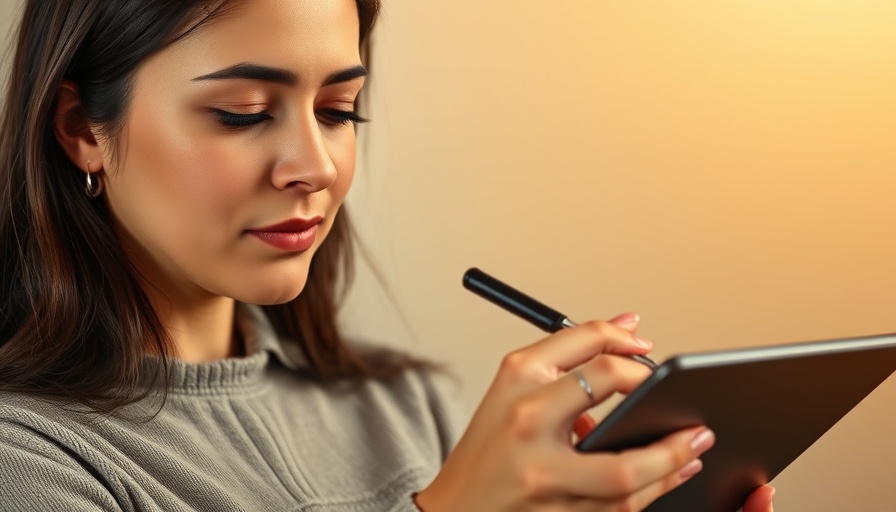 Thoughtful woman using tablet with digital pen in warm lighting