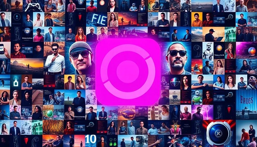 Mosaic grid with diverse scenes and pink icon representing technology and society