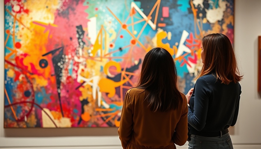 Two women admiring colorful abstract painting, trending AI news.