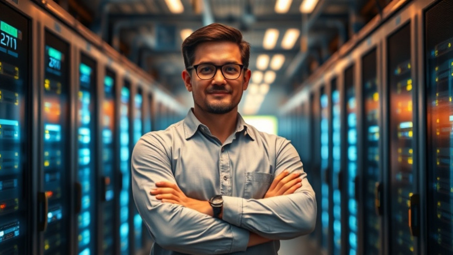 Confident person in server room symbolizing AI boom.