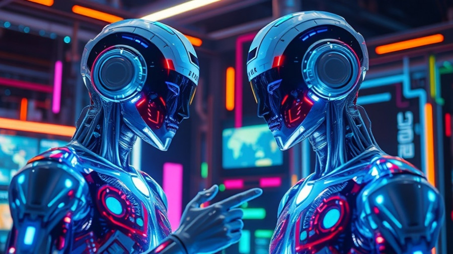 Futuristic holographic AI agents interacting in a digital environment.