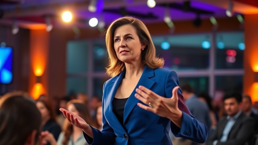 Confident woman speaking at corporate event about AI agents in governance.