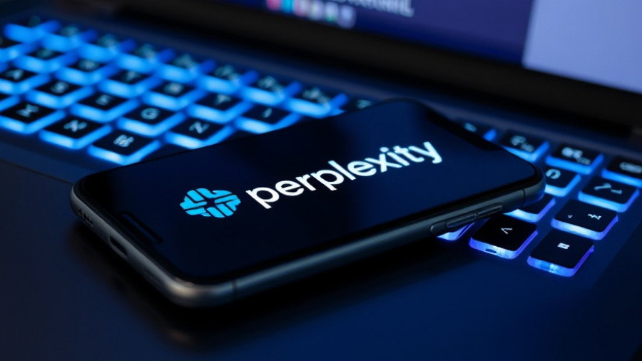 Perplexity AI logo on phone screen over a blue-lit keyboard.