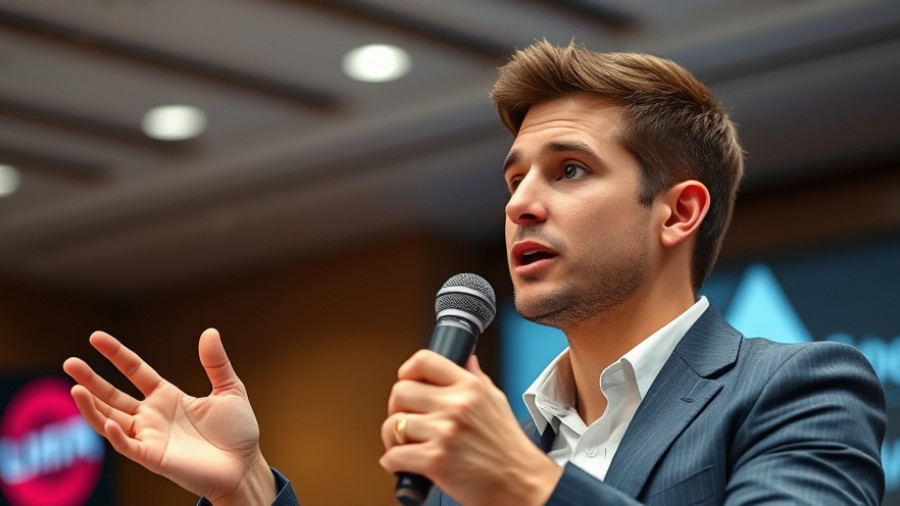 Young man presenting at a tech conference about OpenAI custom AI chips.