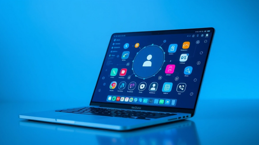 Futuristic laptop showcasing Microsoft AI interface with vibrant icons.