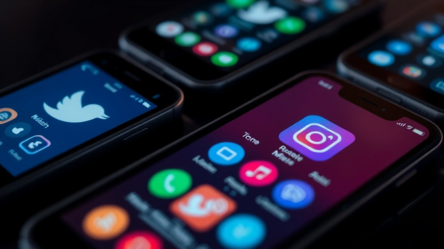 Multiple smartphones displaying social media icons; Australia social media ban context.