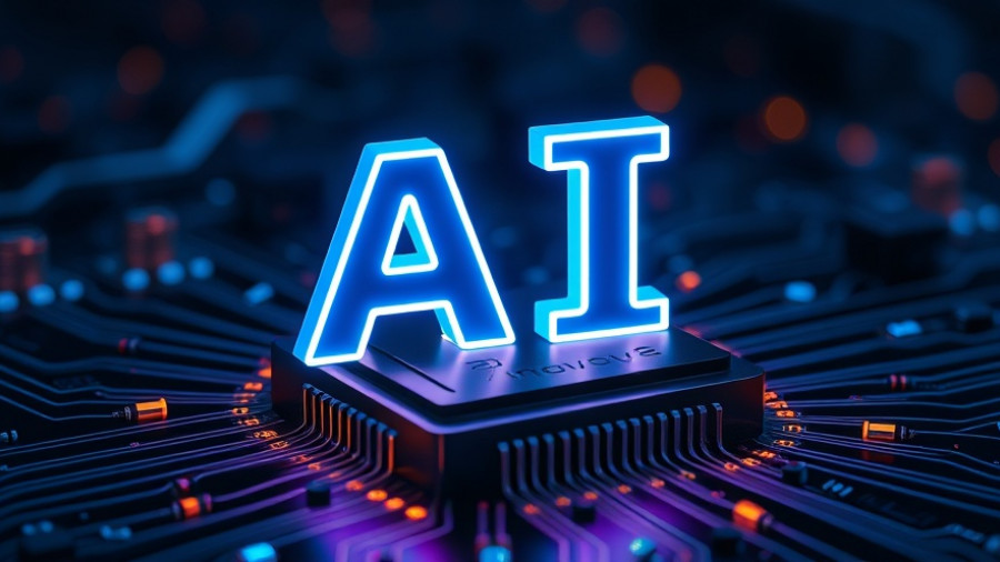 Futuristic AI infrastructure symbolized by glowing 'AI' on a microchip.