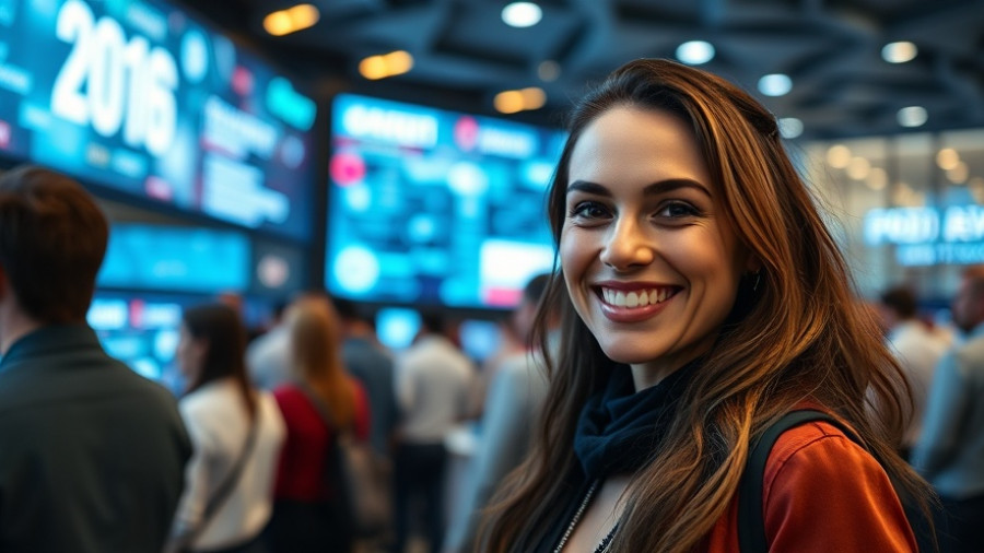 Agentic AI at tech event, confident woman smiling.