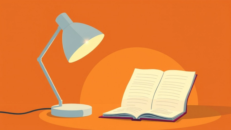 Minimalist illustration of desk lamp shining on a notebook, AI agents productivity.