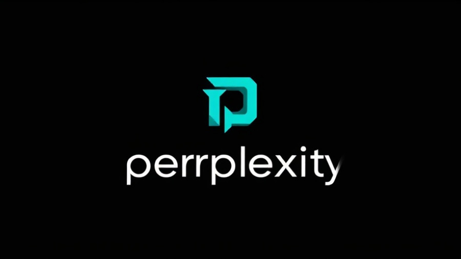 Perplexity AI logo with geometric design on black background.