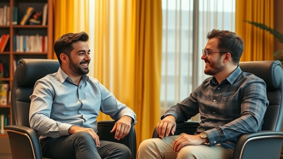 Men discussing Claude AI in modern office setting.