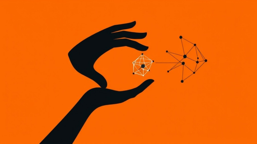 Minimalistic abstract art of hand and network symbol on orange, Claude AI