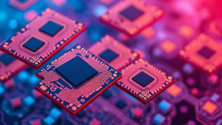 Abstract design of floating circuit chip wafers with vibrant colors.
