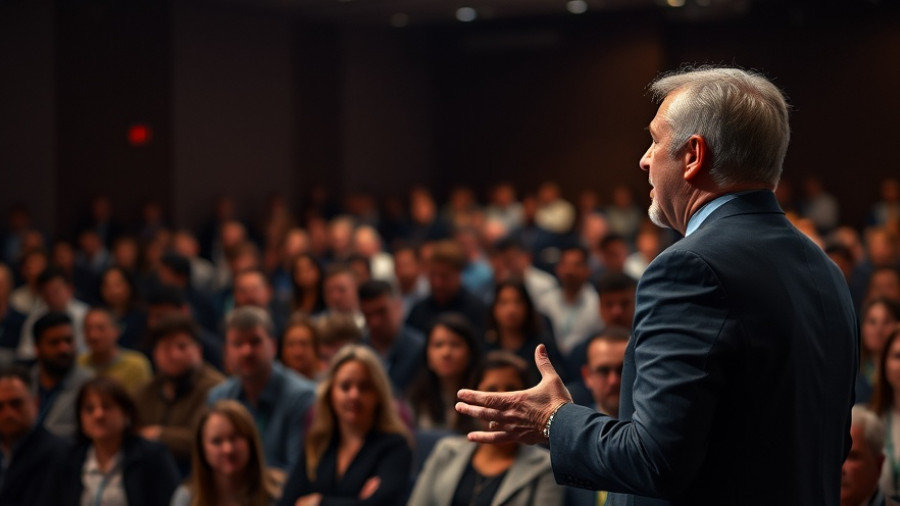 Confident speaker discussing agentic AI at a conference.