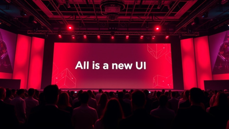 Agentic AI conference stage with bright red display and audience.