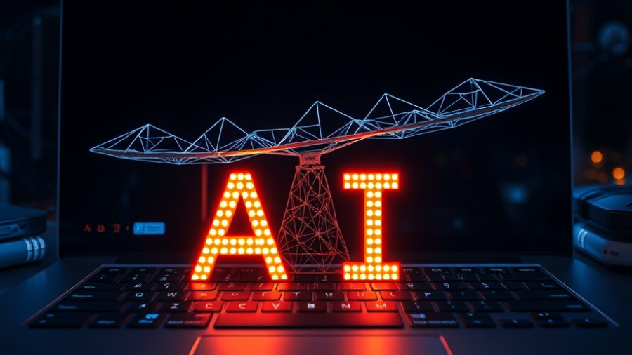 Digital scales with AI letters on laptop keyboard, symbolizing AI regulation.