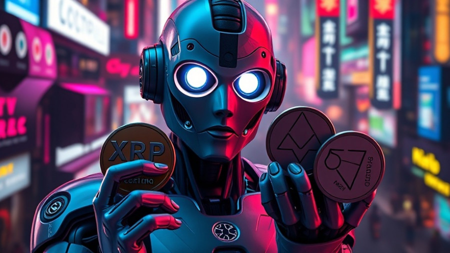 Futuristic robot with XRP, Cardano, PEPE coins in a digital cityscape.