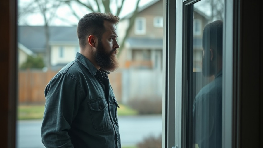 AI Homeless Man Prank: Bearded man at glass door, suburban scene.