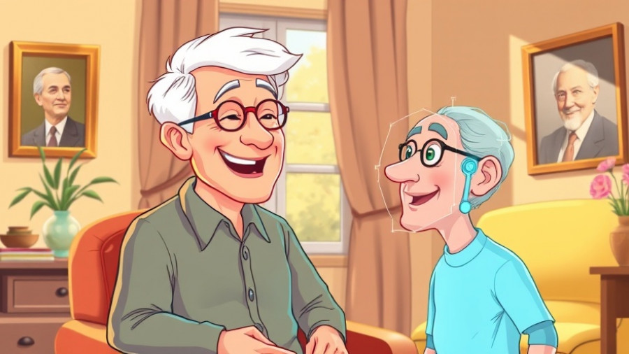 Elderly man with AI companion in cozy living room, AI companionship for elderly care.