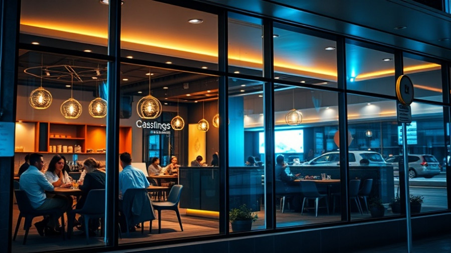 Perplexity AI themed modern cafe exterior view at night.