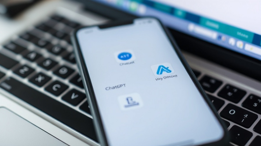 Smartphone with AI app icons including ChatGPT on a laptop, modern technology.