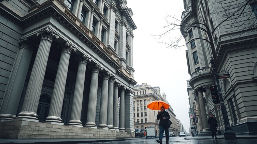 Historic building with columns, person with orange umbrella, AI bubble reference.