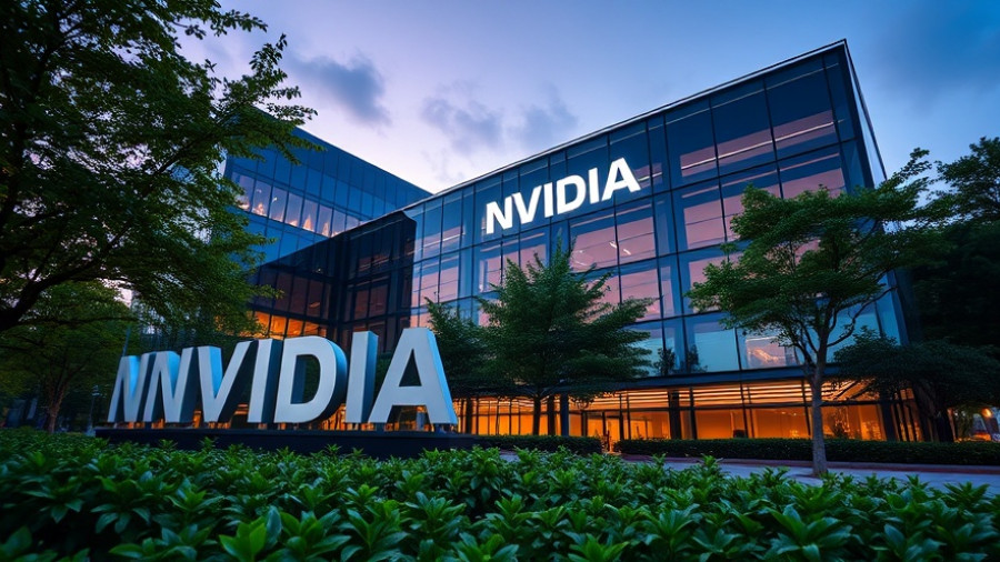 Nvidia headquarters post-Blackwell launch, modern design, lush setting.