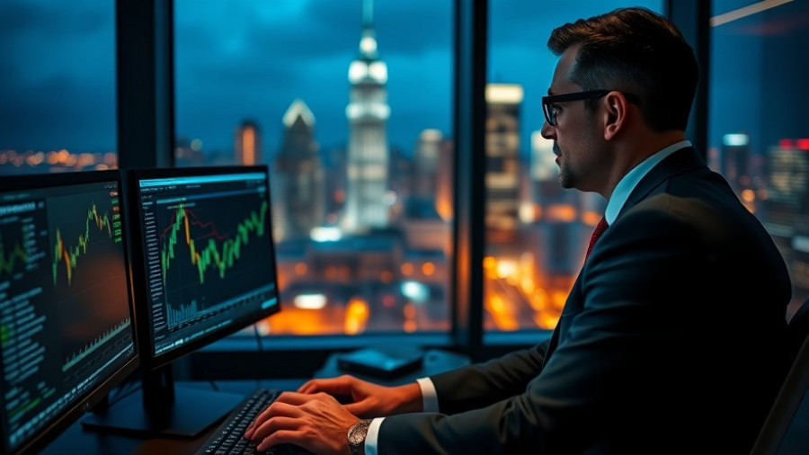 Businessman analyzing NVIDIA AI GPU market data on monitors.