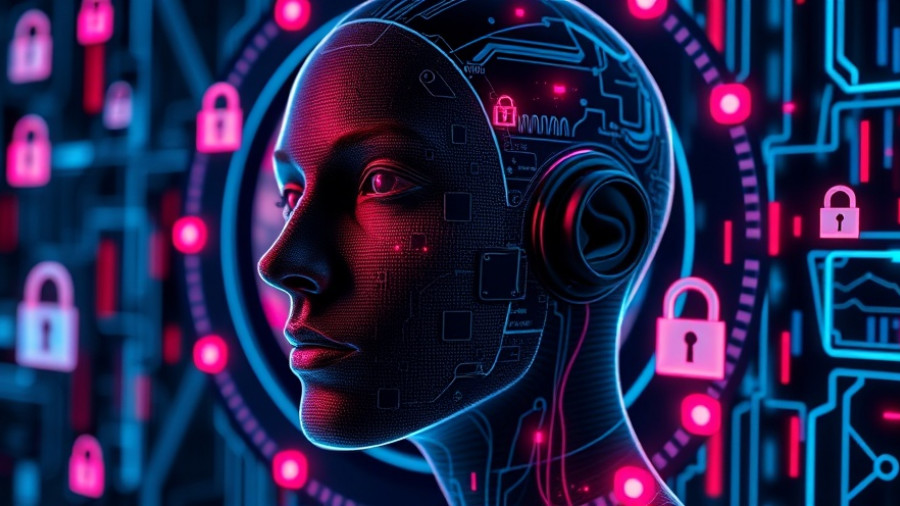 Agentic AI concept with digital face and security lock symbols.