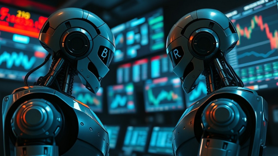 Robotic traders focused on stock charts in AI trading showdown.