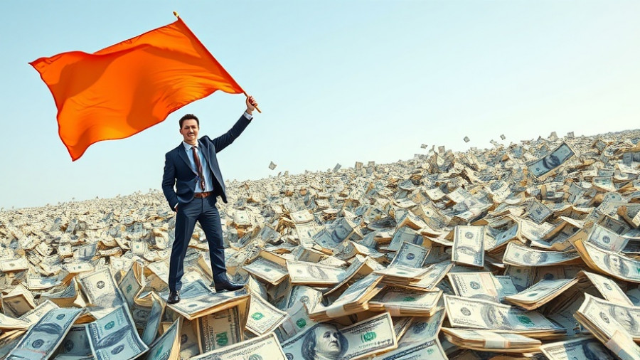 Man on pile of money with orange flag symbolizing AI in the news.