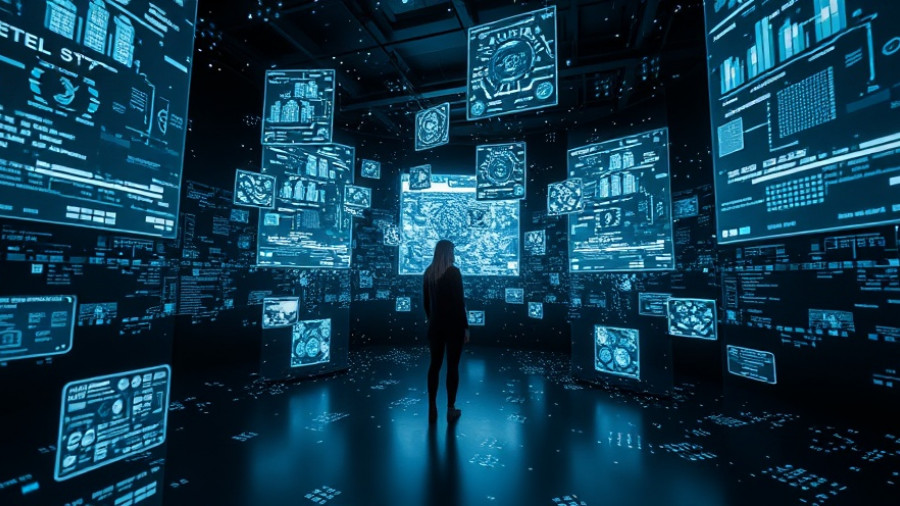 Futuristic exhibit with digital projections related to AI news.