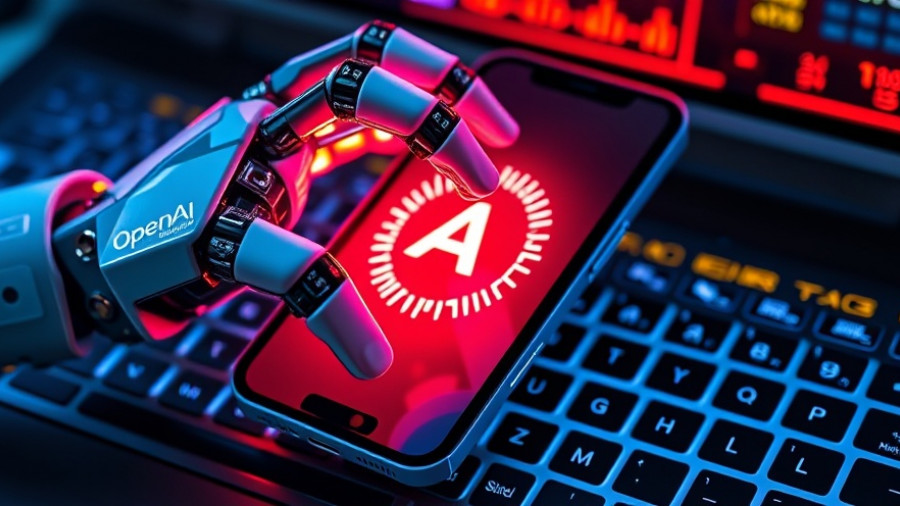 Futuristic robotic hand with OpenAI logo on phone over a keyboard.
