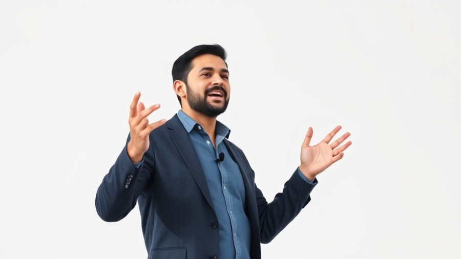 Confident speaker gesturing during presentation on AI agents timeline.
