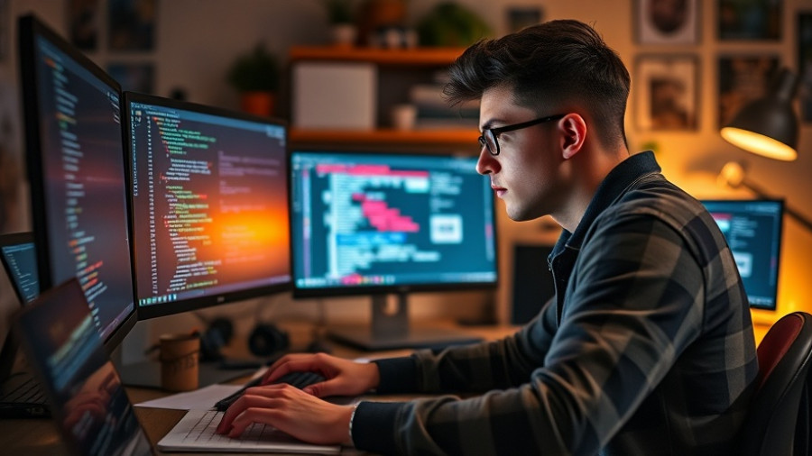 Young man coding on multiple screens in a modern home office.