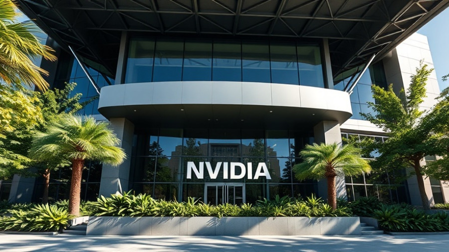 NVIDIA office sign under futuristic metal canopy, NVIDIA stock analysis.