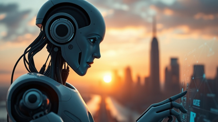 Futuristic robot engaging with Opera Neon AI browser at sunset.