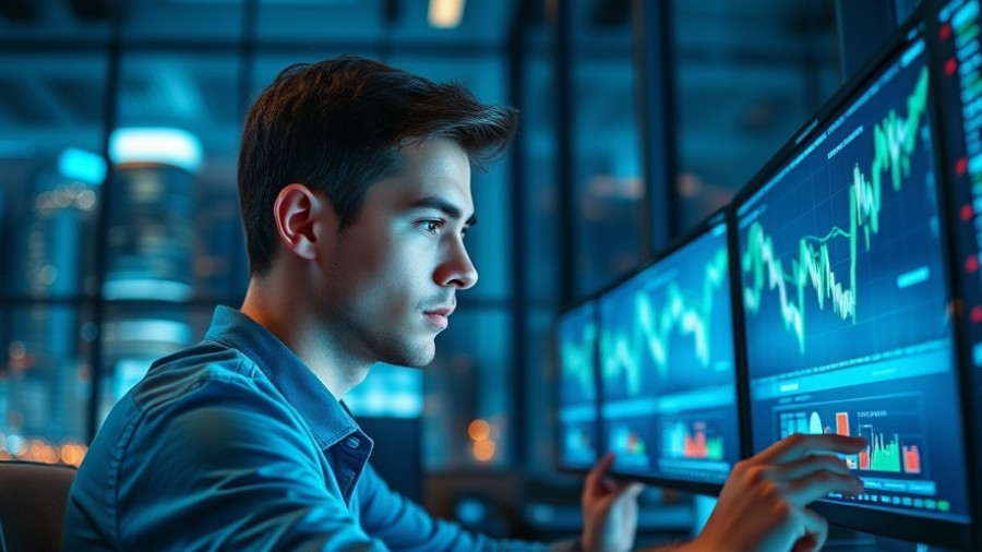 AI Trading Breakthrough: Young man analyzing holographic stock charts in futuristic office.