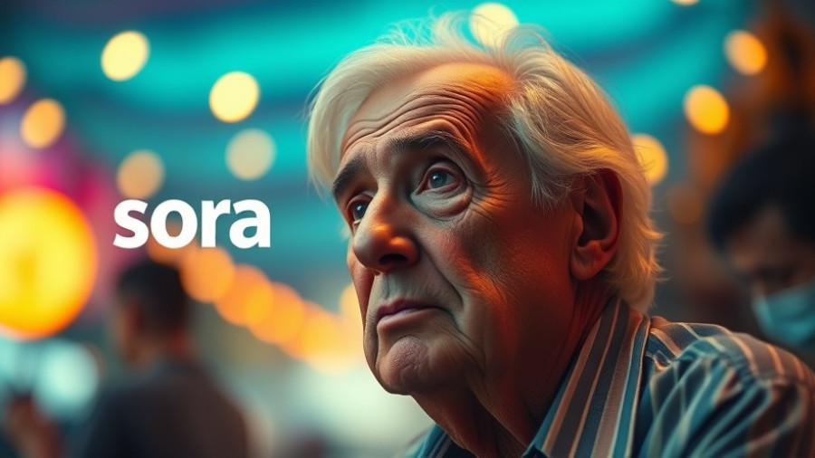 Elderly man with Sora app logo, vibrant background, Open AI theme