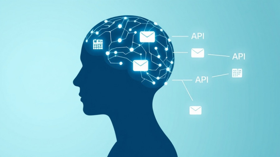 Digital framework of an AI agent with circuits and API symbols.