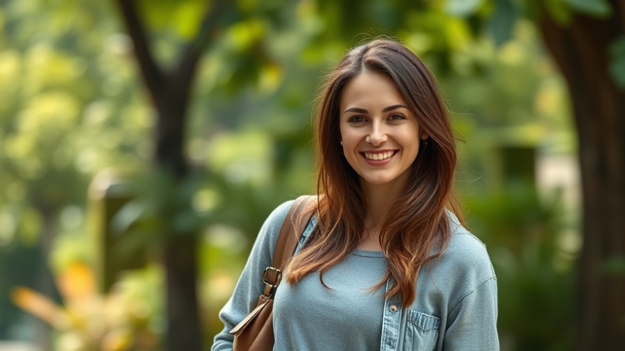 AI startup founder aiding US visa process, smiling woman, greenery backdrop.