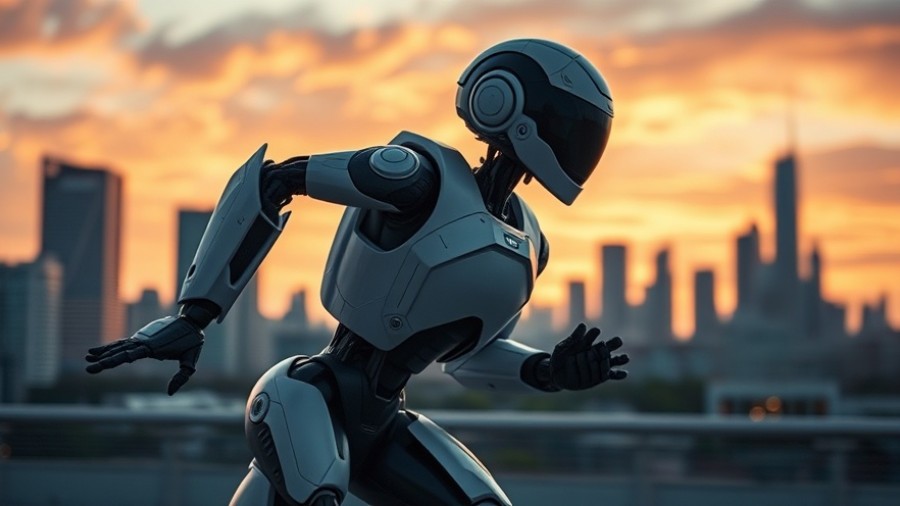 Agentic AI robot running against city sunset backdrop