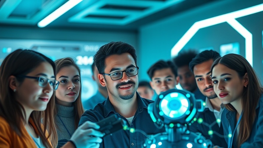 Diverse individuals in a futuristic workspace interacting with agentic AI technology.