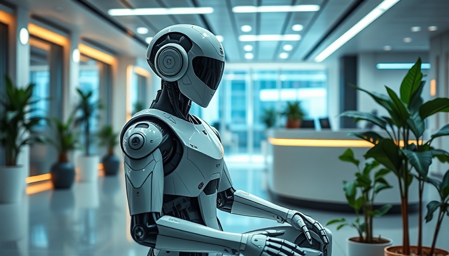 Agentic AI robot at a futuristic office reception desk, vibrant scene.