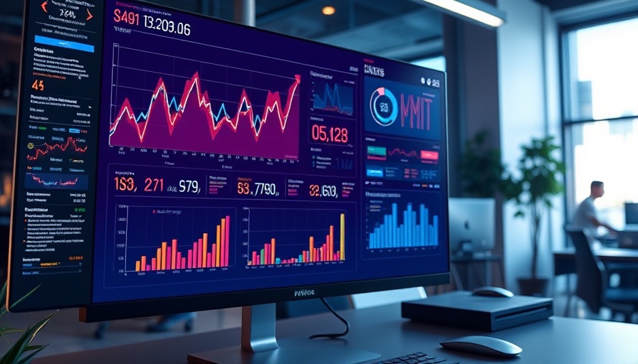 Dynamic AI data charts on monitor in futuristic setting.