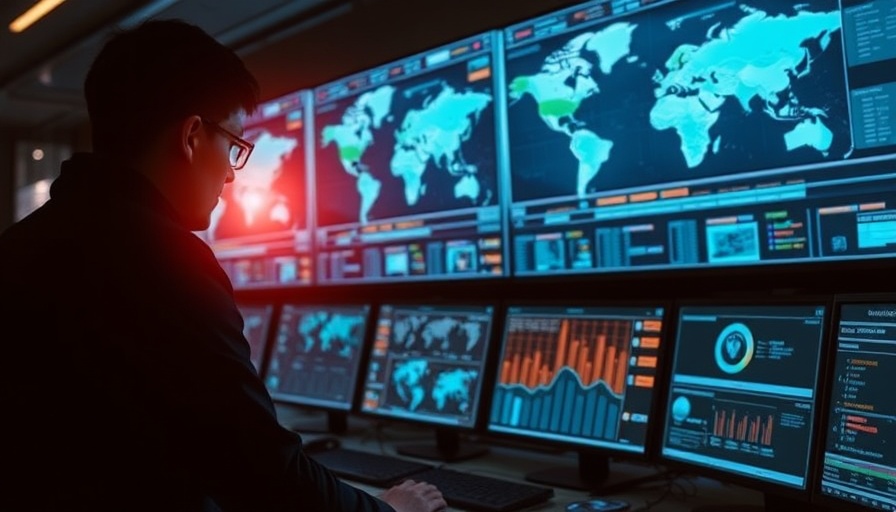 Futuristic control room with digital maps for trending AI news.