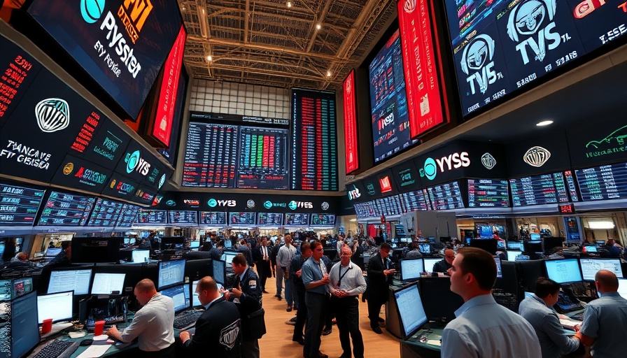 Vibrant stock exchange trading floor, trending AI news influence.